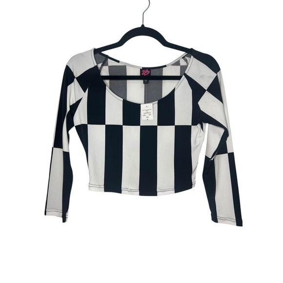 2B Bebe Women’s Small Checkered Crop Top Black & White Long Sleeve NEW - Picture 1 of 7